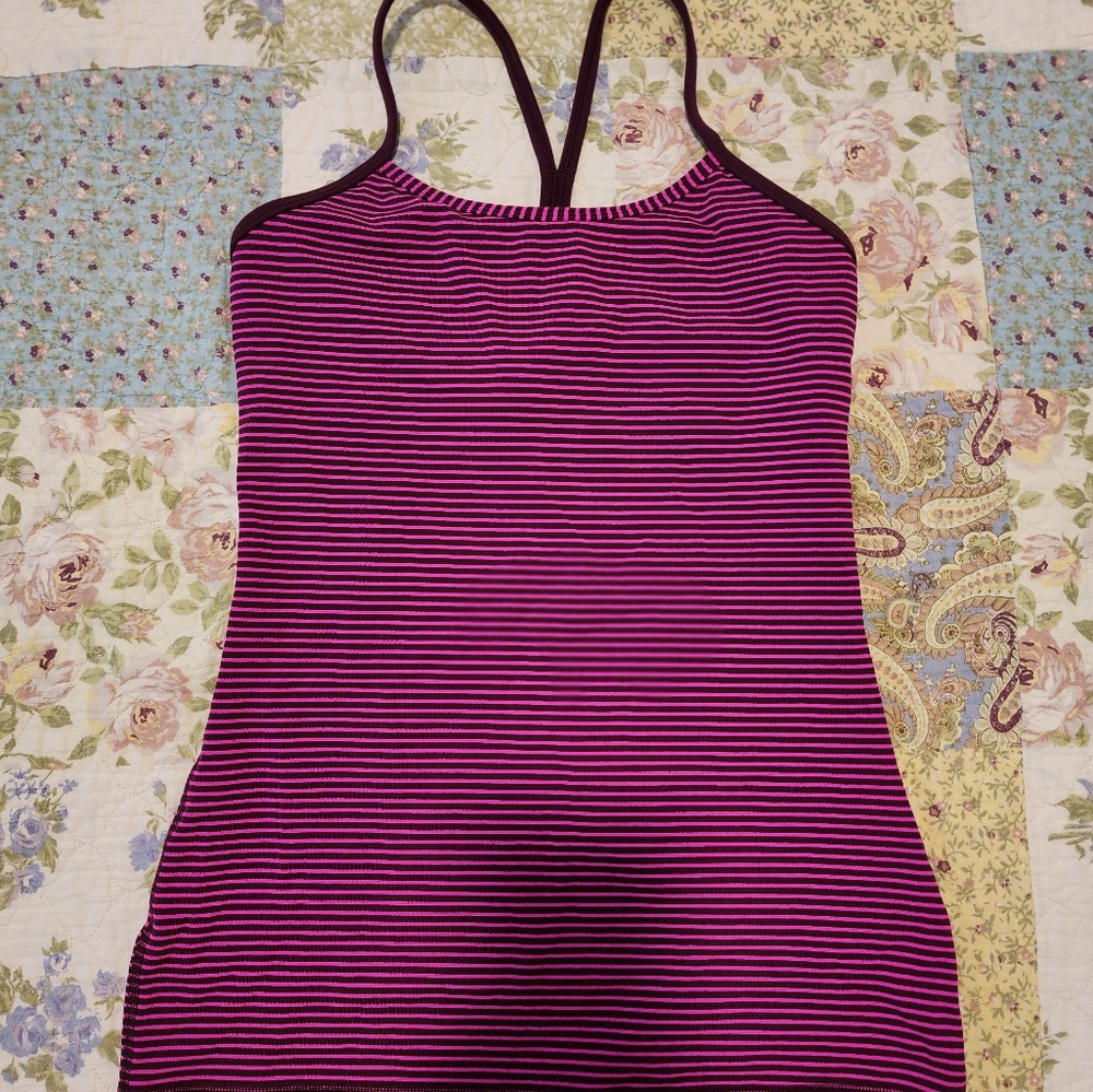 Lululemon t-shirt, mauve color with black stripes.